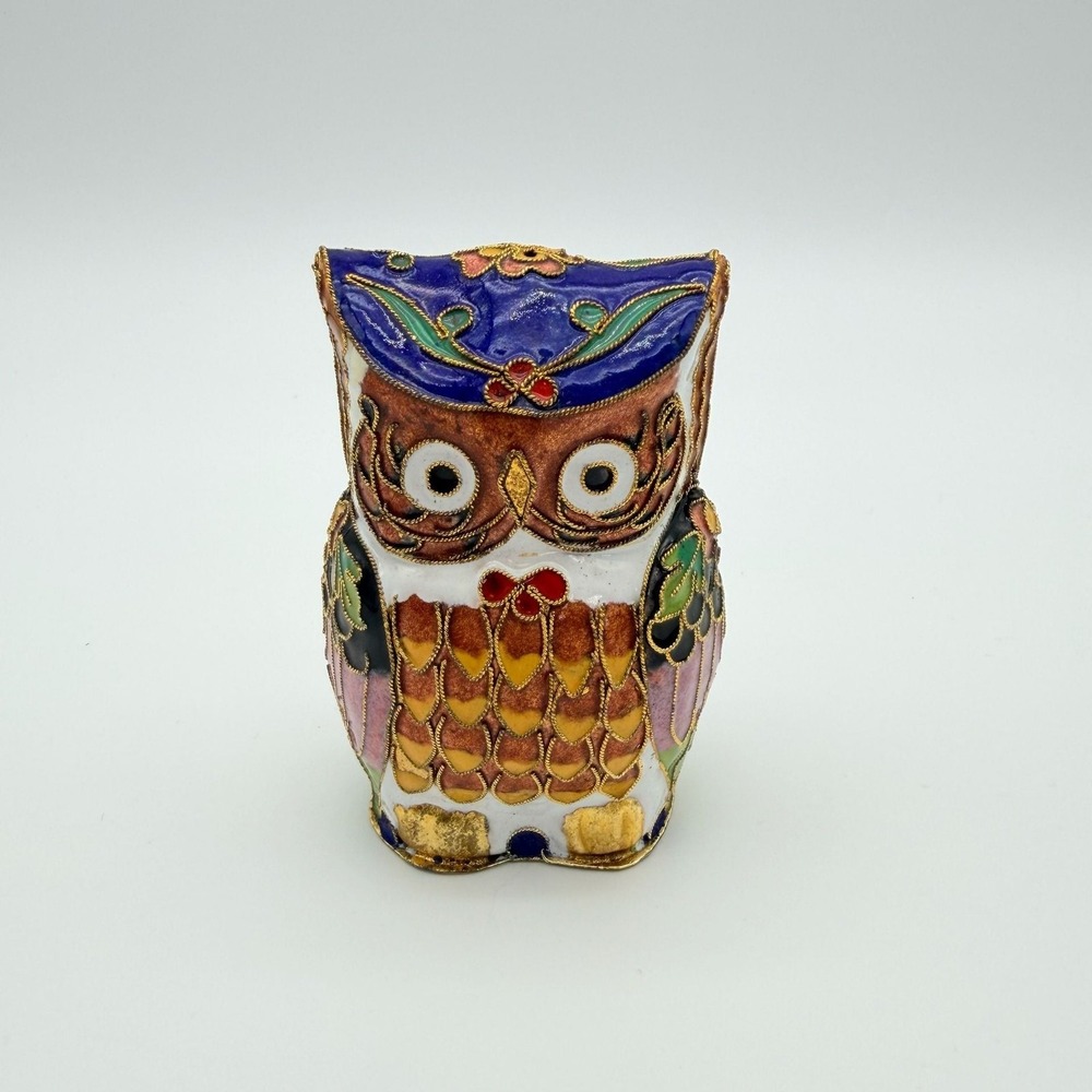 Vintage Cloisonne Enamel Owl Figurine Floral Filigree Multicolored Bird‎ 3.75"
